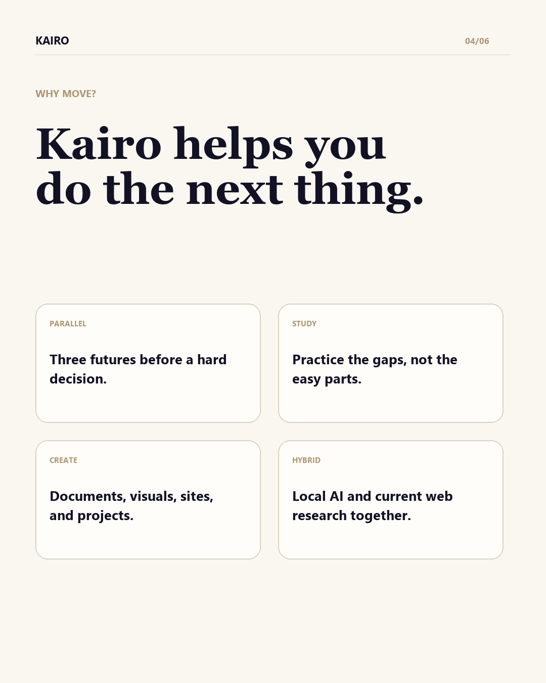 Kairo AI features including Parallel, Study, Create and Hybrid research