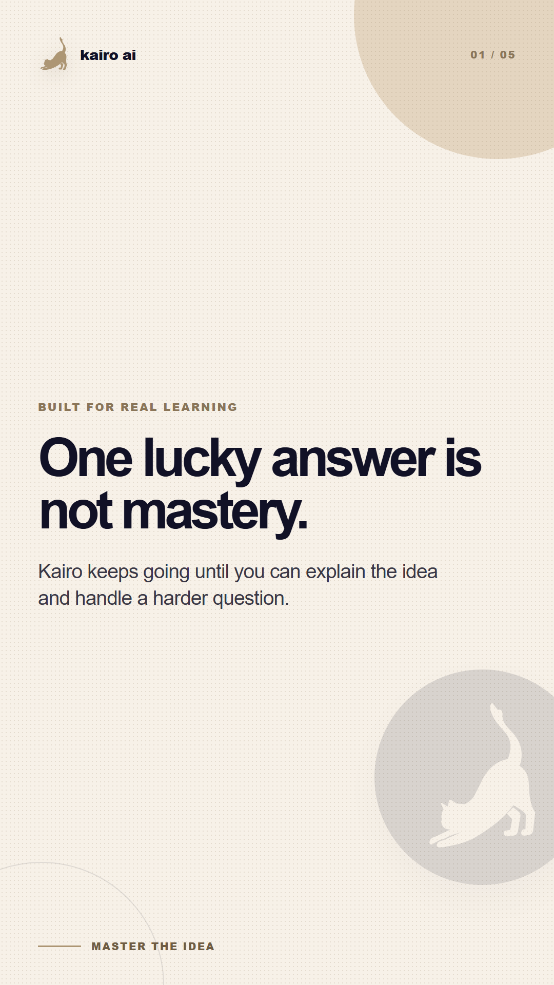 Kairo AI Study Mode artwork explaining that one lucky answer is not mastery